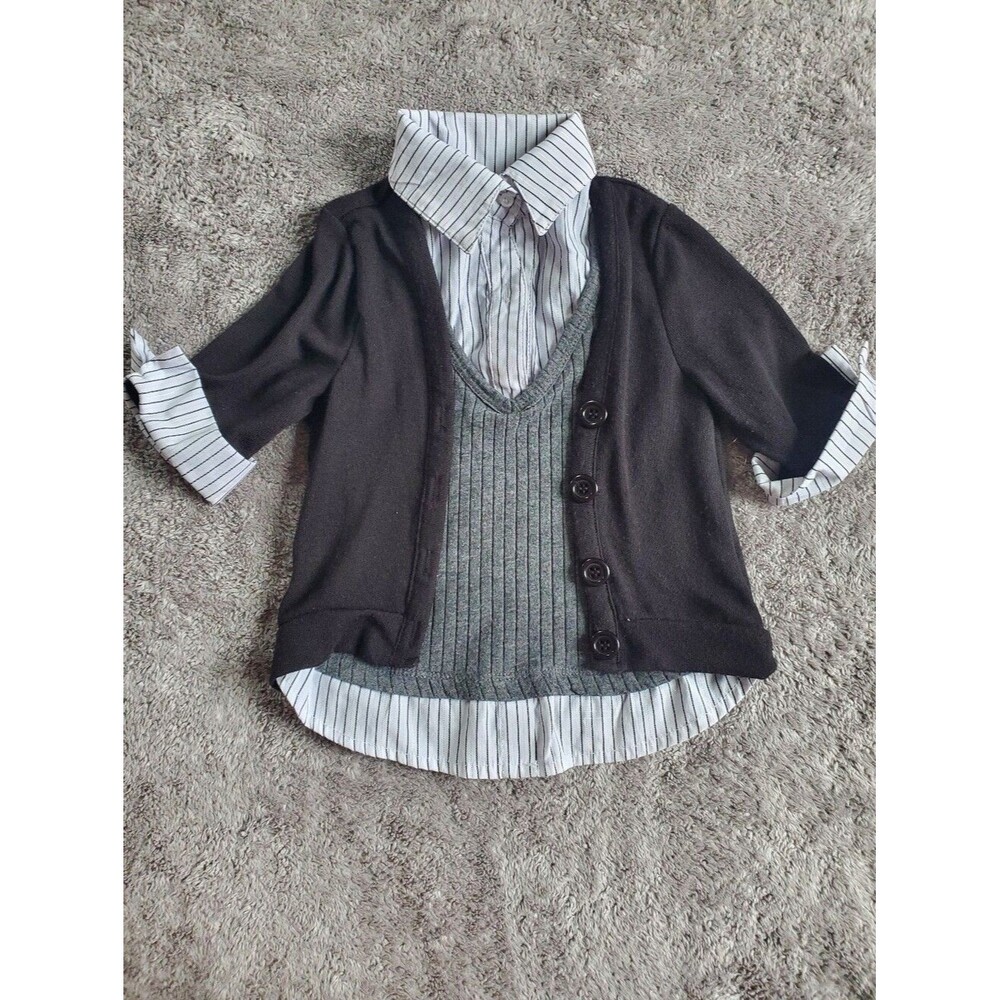 Knit Girls Layered Look Stripe Shirt with Gray Sweater Vest and Black Cardigan